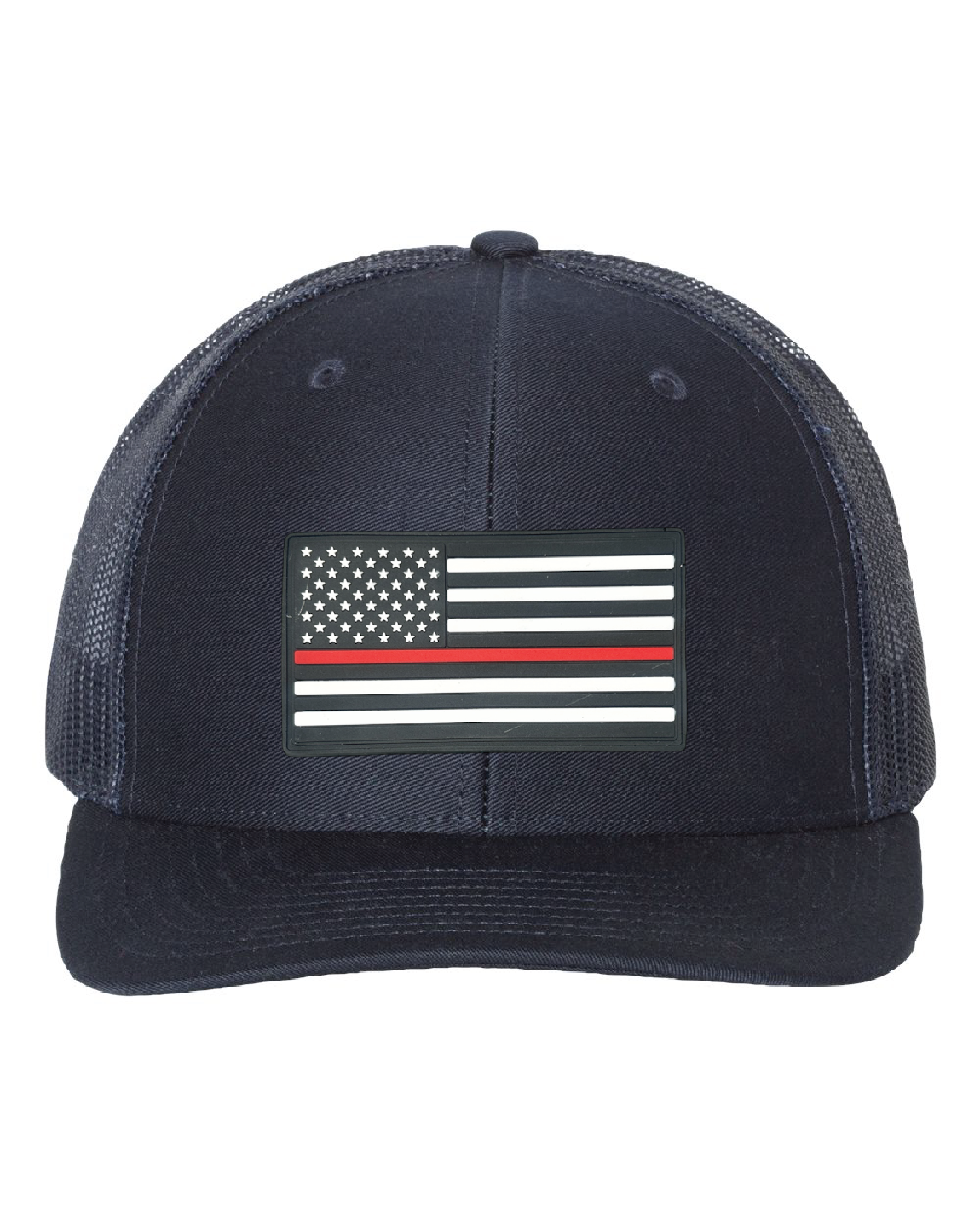 USA Flag Red Line PVC Patch on a Richardson 112 Trucker Hat