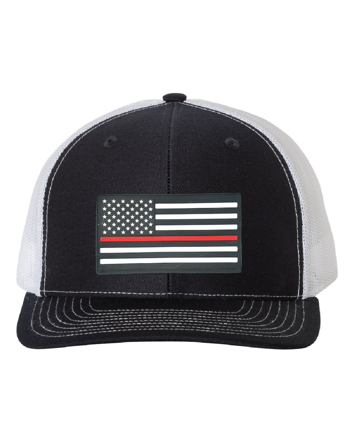 USA Flag Red Line PVC Patch on a Richardson 112 Trucker Hat