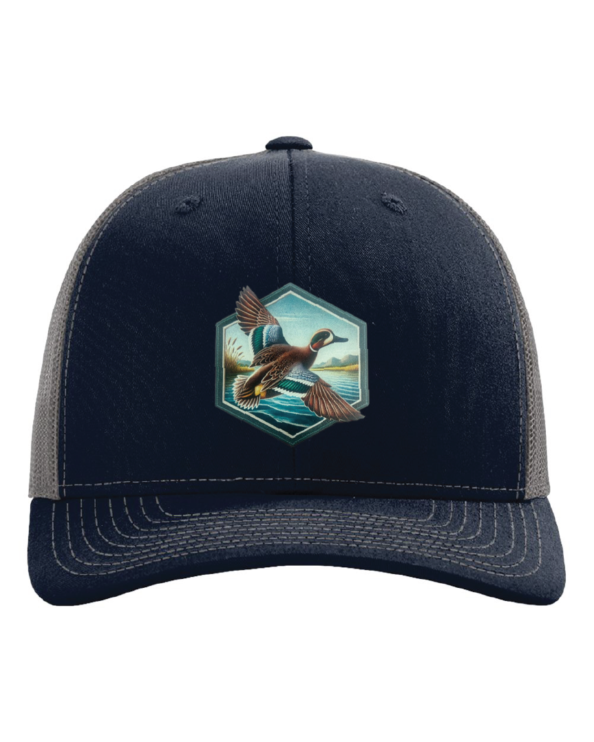 Green Wing Teal Hexagon Patch on a Richardson 112 Trucker Hat