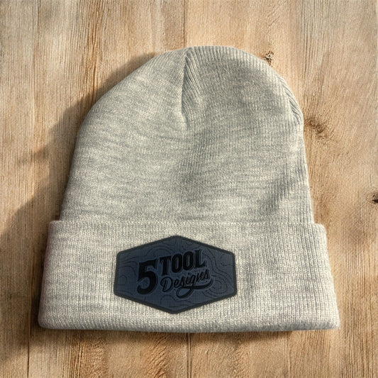 Custom Cuffed Knit Beanie: Laser Engraved Leatherette Patch Hat