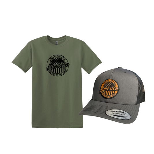 Green t-shirt and gray cap with American flag design on a white background