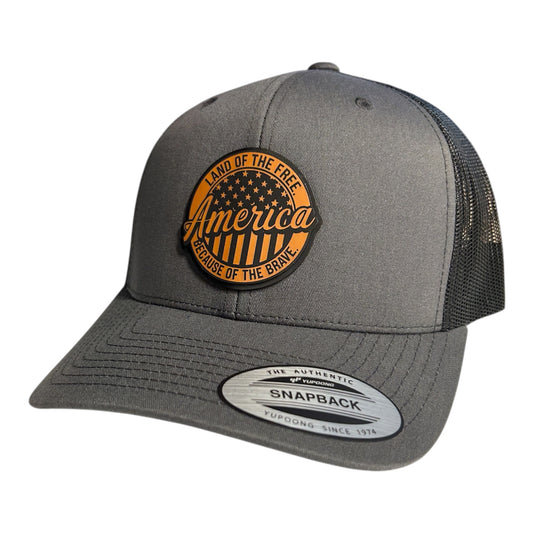 Patriotic Trucker Hat – Land of the Free - America Leather Patch Snapback – Gift – USA Flag Hat – Men’s Cap