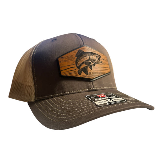 Richardson 112 hat with a wooden patch featuring a trout design